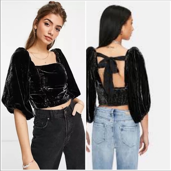 Free People Marie Velvet Open Back Crop Top Black - Picture 1 of 15